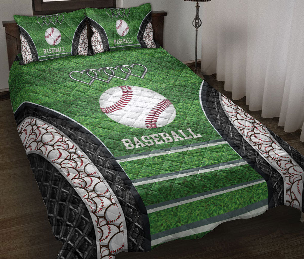 Baseball Quilt Bedding Set, Baseball Ball Baseball Field Green Quilt Blanket With Pillowcases, Duvet Cover Set, Sports Gifts