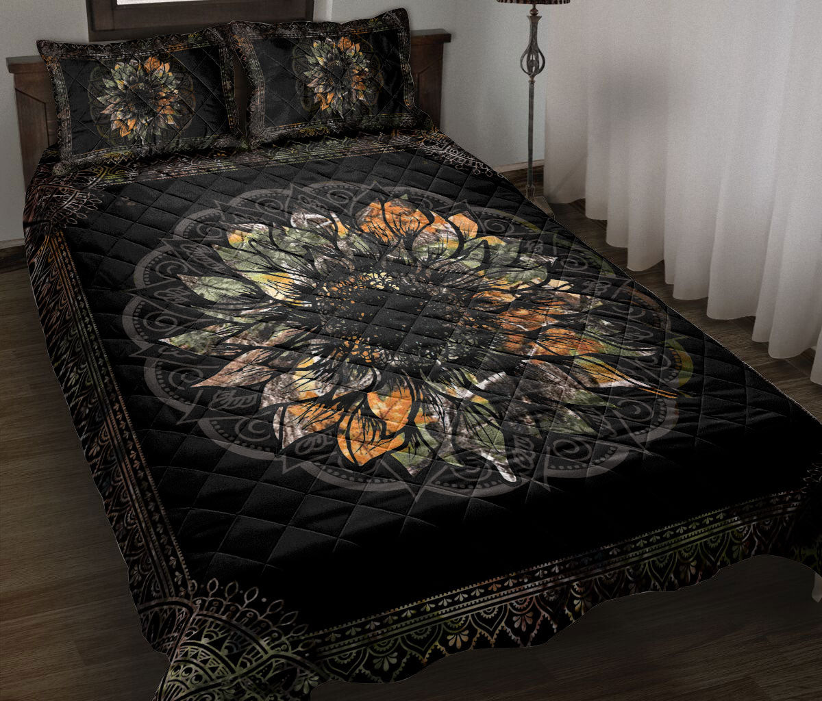Hunting Quilt Bedding Set, Camoflage Sunflower Mandala Hunting Floral Leaf Quilt Blanket With Pillowcases, Duvet Cover Set