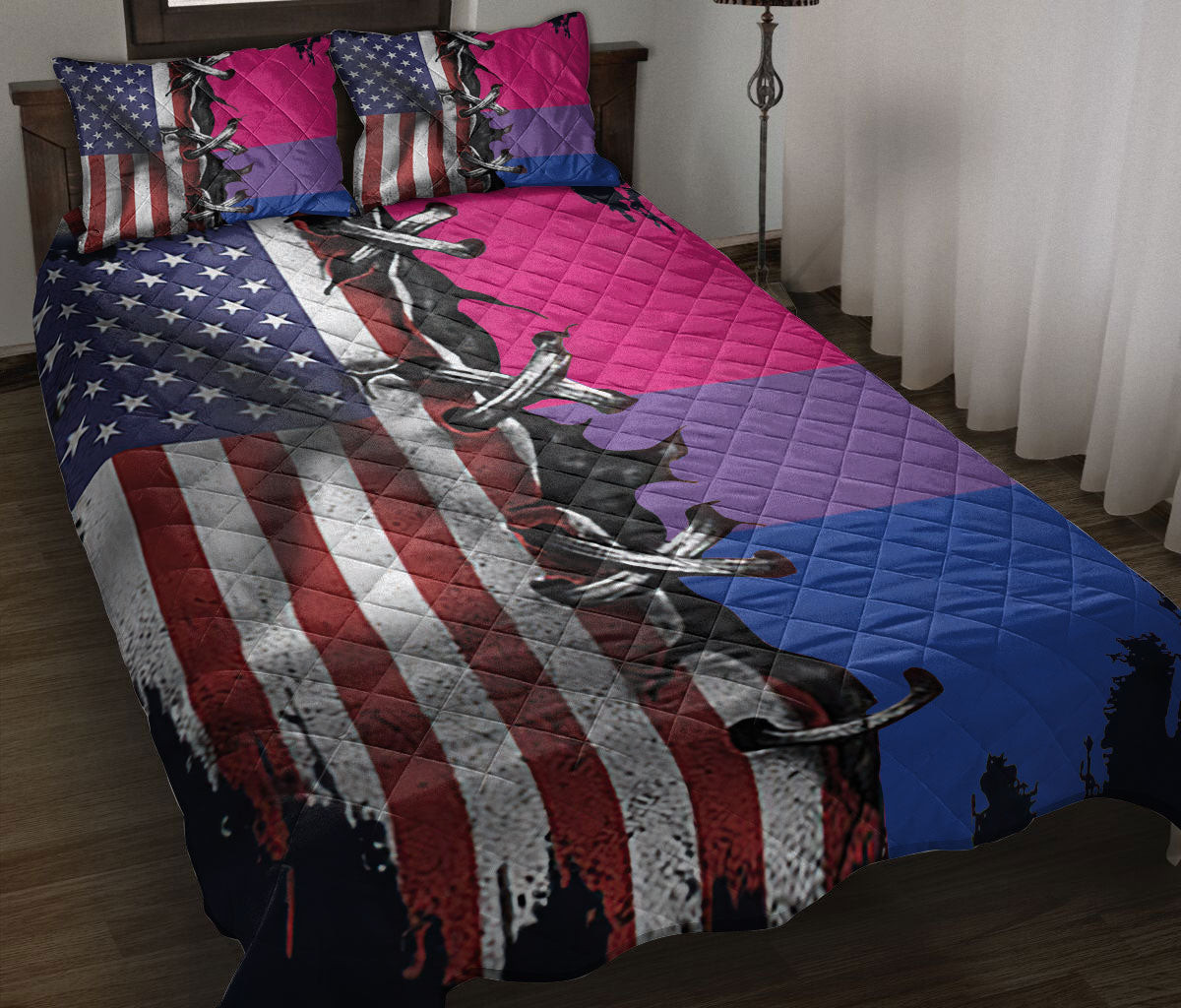 LGBT Quilt Bedding Set, America Us Bisexual Pride Flag Lgbt Lgbtq Support Quilt Blanket With Pillowcases, Duvet Cover Set