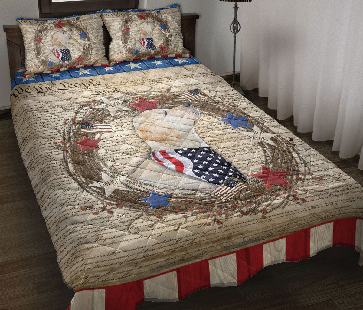 Labrador Retriever Quilt Bedding Set, White Labrador Dog We The People Patriotic Quilt Blanket With Pillowcases, Duvet Cover Set