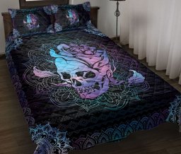 Skull Quilt Bedding Set, Skull Flower Mandala Blue Flower Quilt Blanket With Pillowcases, Duvet Cover Set