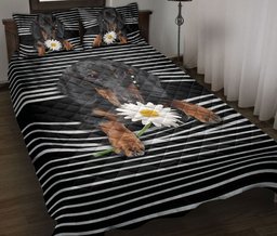 Dachshund Quilt Bedding Set, Black Dachshund White Daisy Striped Dog Quilt Blanket With Pillowcases, Duvet Cover Set