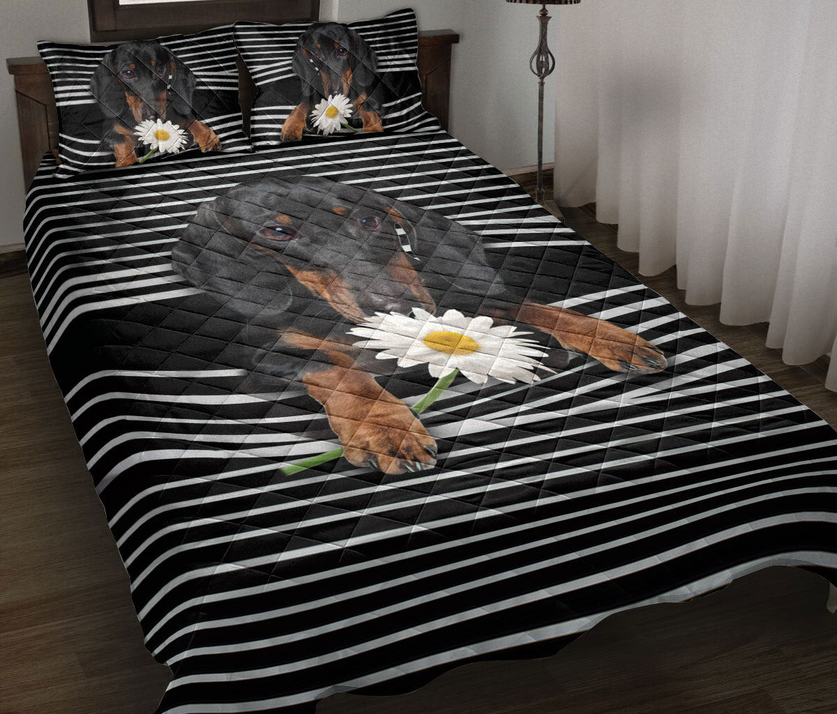 Dachshund Quilt Bedding Set, Black Dachshund White Daisy Striped Dog Quilt Blanket With Pillowcases, Duvet Cover Set