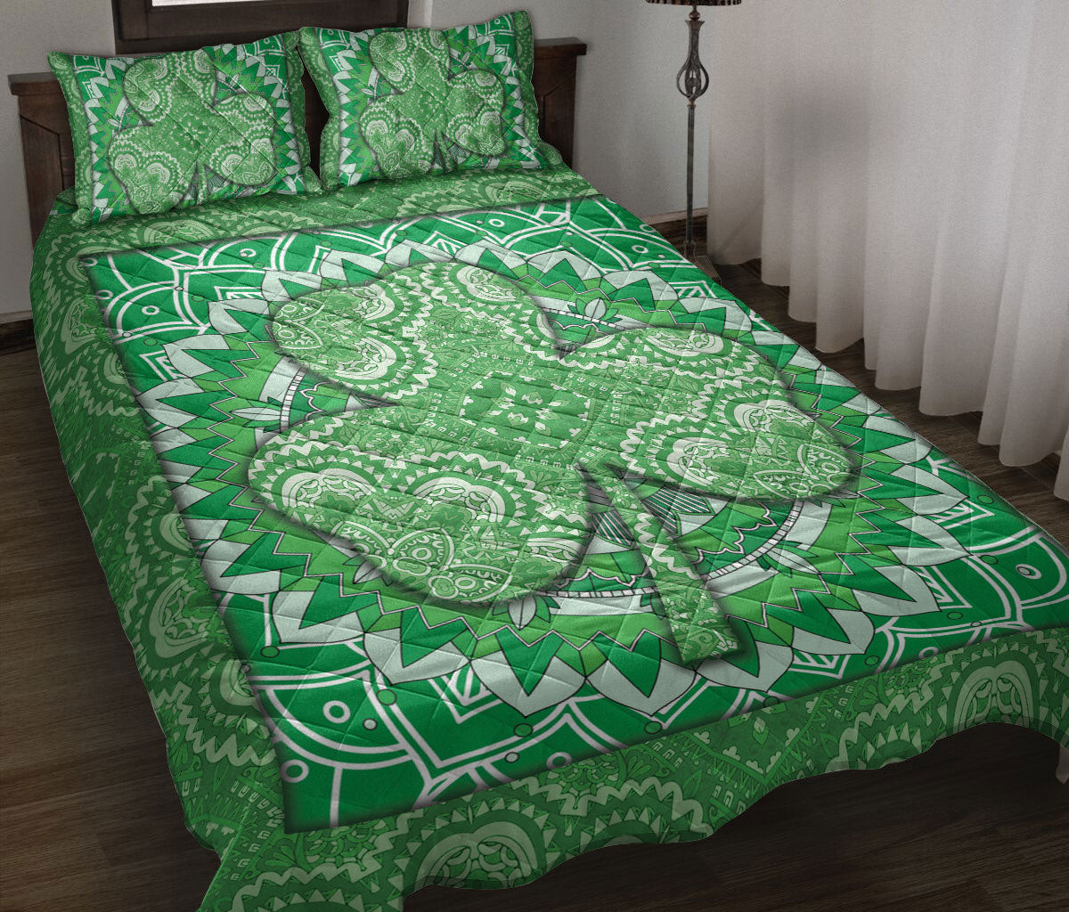 Irish Quilt Bedding Set, Ireland Irish Green Shamrock Green Mandala Floral Quilt Blanket With Pillowcases, Duvet Cover Set
