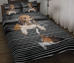 Beagle Quilt Bedding Set, Beagle Striped Black Striped Dog Quilt Blanket With Pillowcases, Duvet Cover Set
