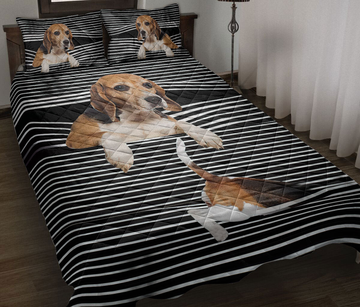 Beagle Quilt Bedding Set, Beagle Striped Black Striped Dog Quilt Blanket With Pillowcases, Duvet Cover Set