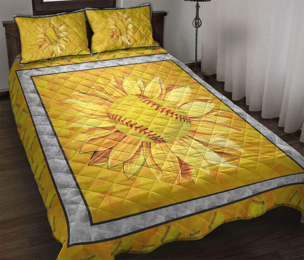 Softball Quilt Bedding Set, Softball Ball And Sunflower Quilt Blanket With Pillowcases, Duvet Cover Set