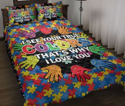 Autism Quilt Bedding Set, I See Your True Color Autism Awareness Hand Puzzle Piece Quilt Blanket With Pillowcases, Duvet Cover Set