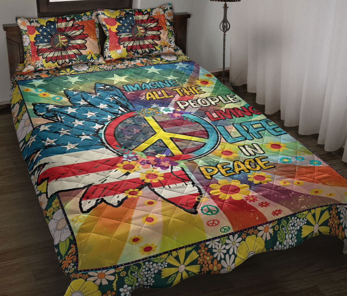 Hippie Quilt Bedding Set, America Sunflower Peace Sign Colorful Hippie Trippy Quilt Blanket With Pillowcases, Duvet Cover Set