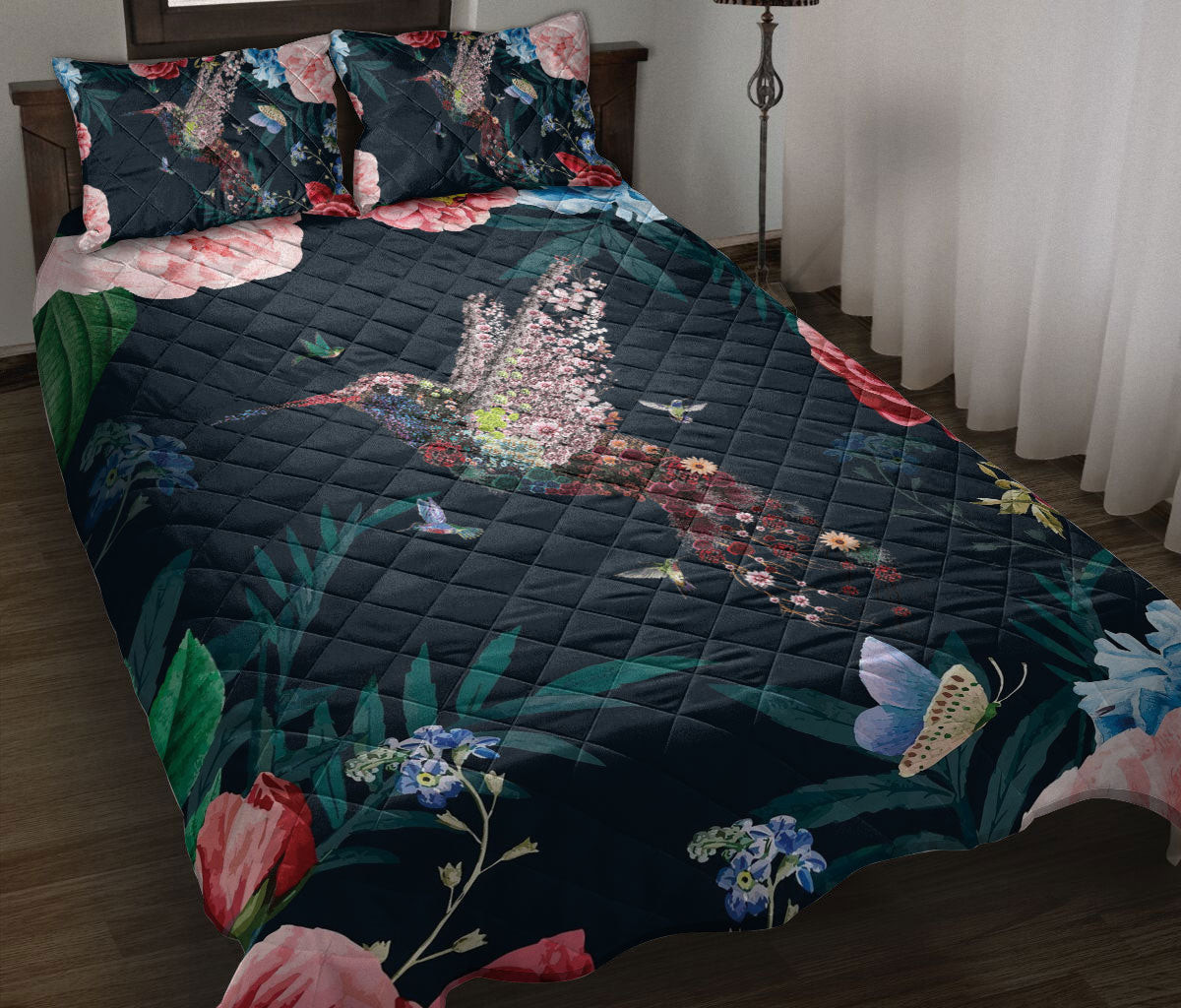 Hummingbird Quilt Bedding Set, Hummingbird Find My Soul Flower Garden Floral Quilt Blanket With Pillowcases, Duvet Cover Set