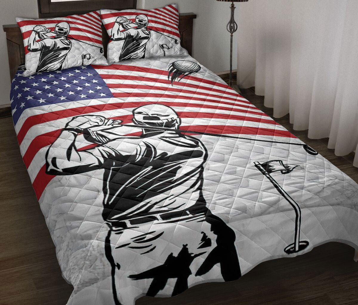 Golf Quilt Bedding Set, Patriotic Golf Player Us Flag Golfer Golfing White Quilt Blanket With Pillowcases, Duvet Cover Set