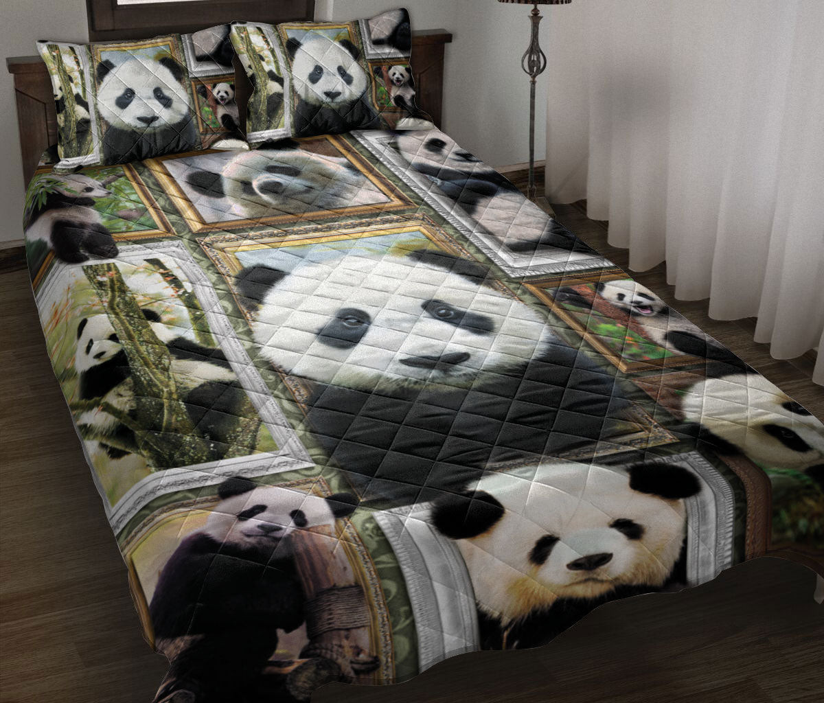 Panda Quilt Bedding Set, Cute Panda Frame Patchwork Floral Quilt Blanket With Pillowcases, Duvet Cover Set