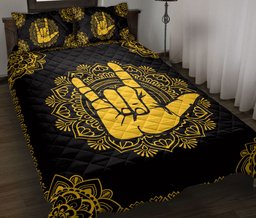 Sign Language Quilt Bedding Set, Sign Language Love Hand Sign Yellow Floral Mandala Black Quilt Blanket With Pillowcases, Duvet Cover Set