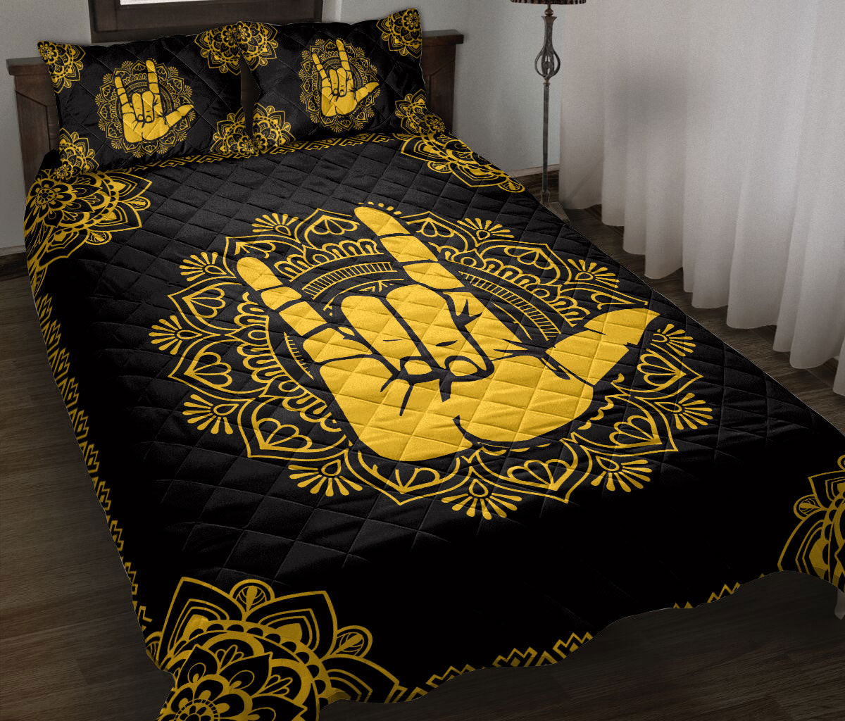Sign Language Quilt Bedding Set, Sign Language Love Hand Sign Yellow Floral Mandala Black Quilt Blanket With Pillowcases, Duvet Cover Set