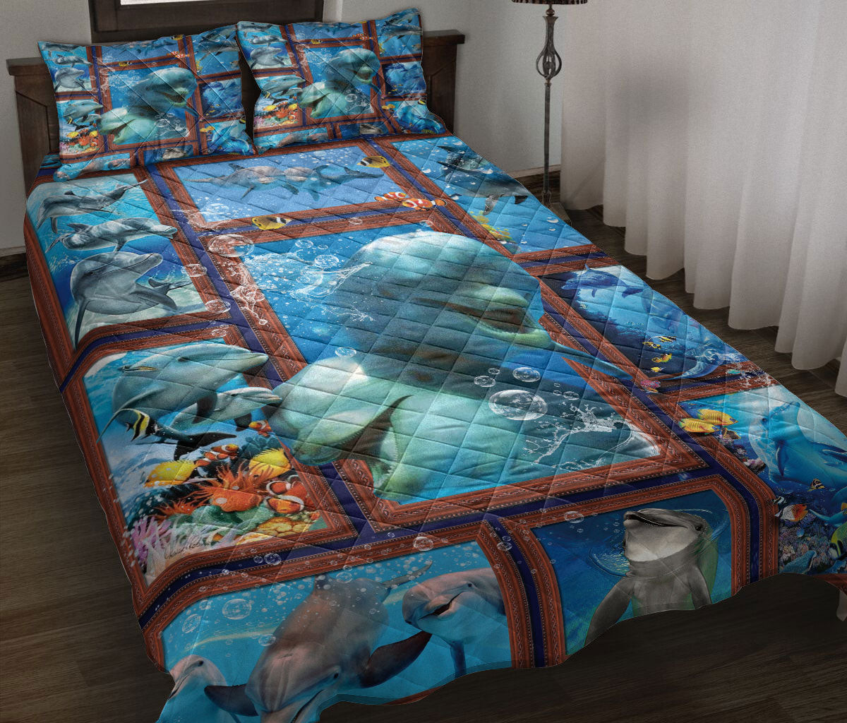 Dolphin Quilt Bedding Set, Beautiful Dolphin Undersea Ocean Quilt Blanket With Pillowcases, Duvet Cover Set