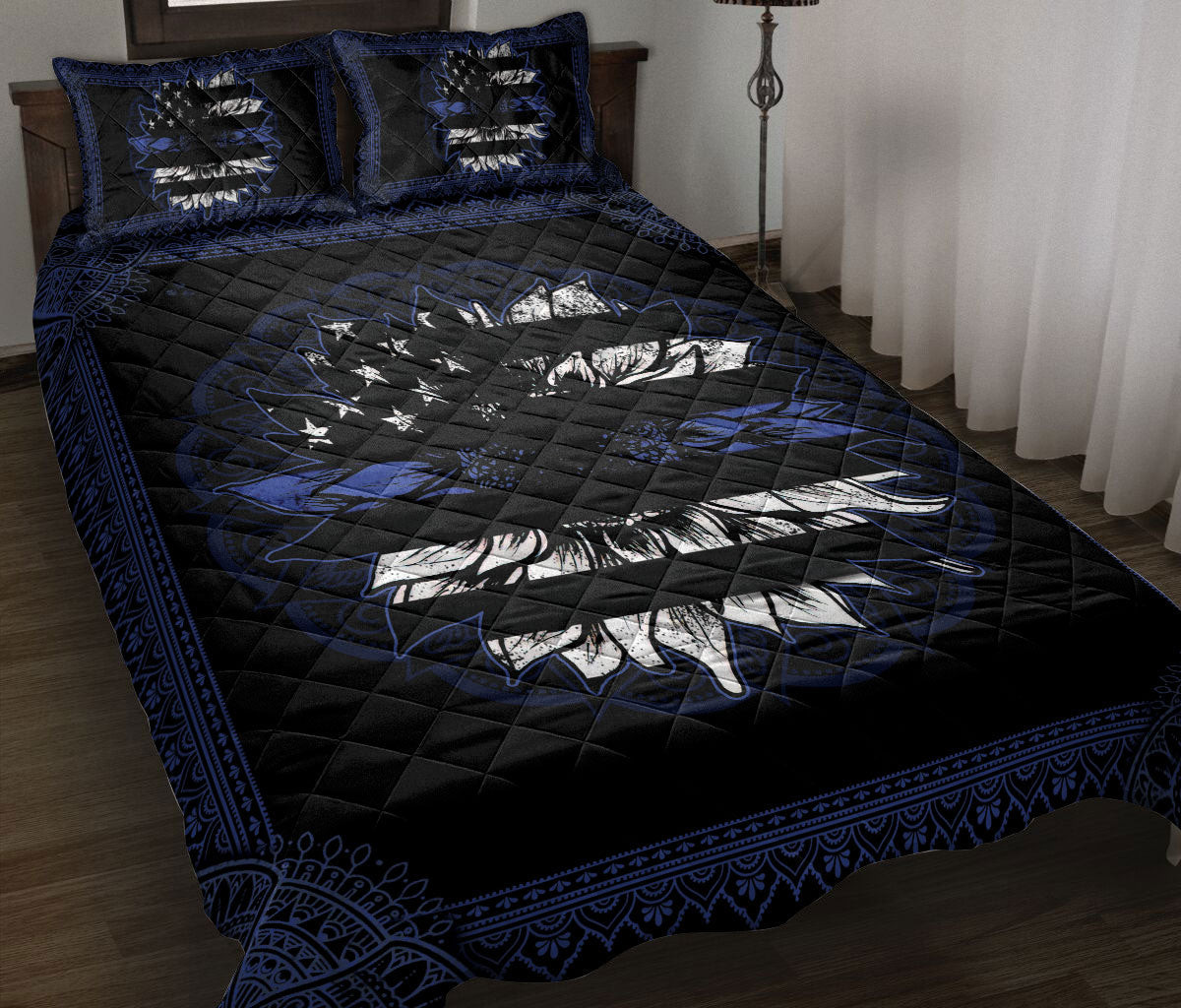 Police Quilt Bedding Set, Thin Blue Line Sunflower Mandala Police Floral Leaf Quilt Blanket With Pillowcases, Duvet Cover Set