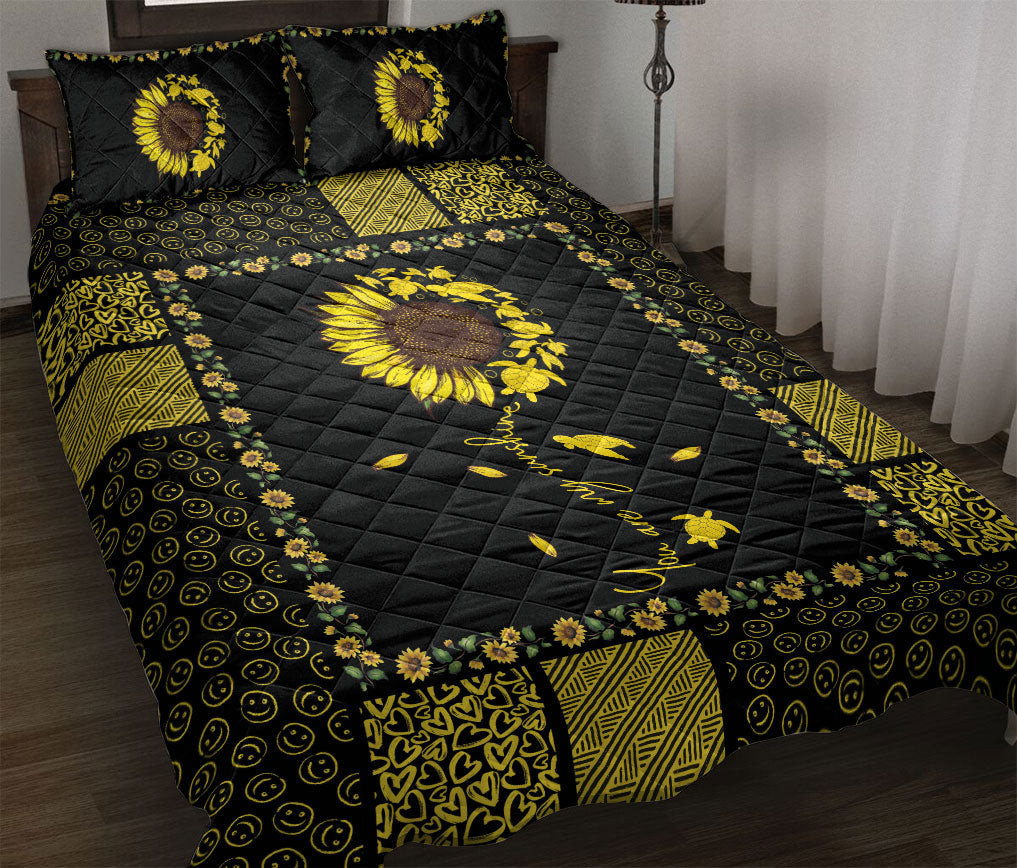 Turtle Quilt Bedding Set, Sea Turtle Sunflower You Are My Sunshine Black Yellow Patchwork Quilt Blanket With Pillowcases, Duvet Cover Set