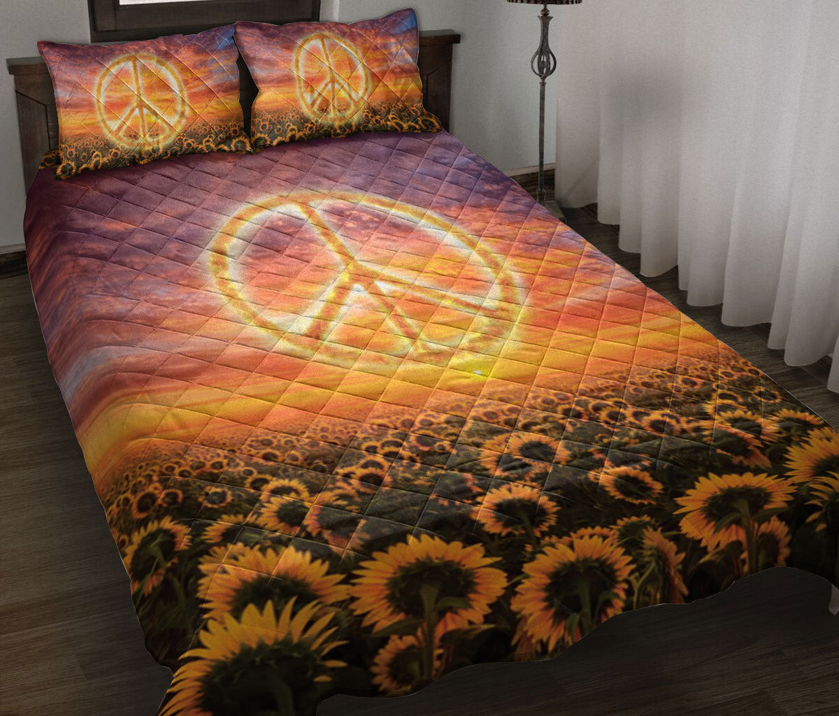 Hippie Quilt Bedding Set, Hippie Peace Sign Yellow Sunflower Sunset Sky Floral Quilt Blanket With Pillowcases, Duvet Cover Set