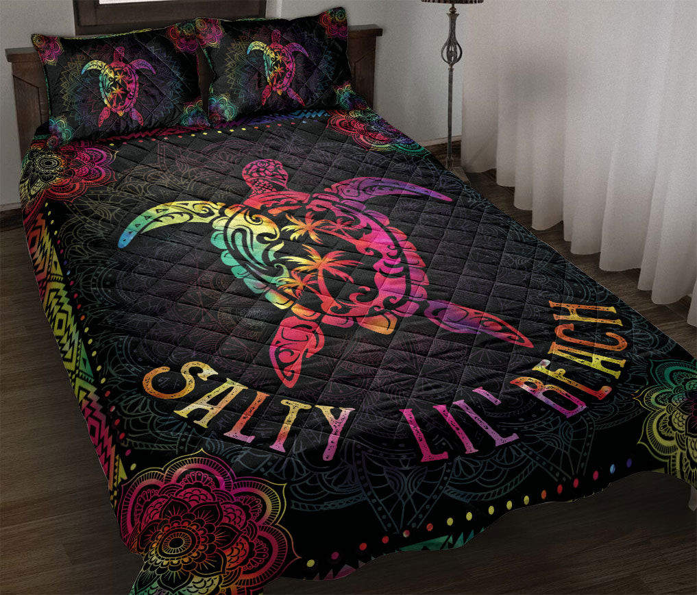 Turtle Quilt Bedding Set, Tie Dye Sea Turtle Black Salty Li Beach Hippie Quilt Blanket With Pillowcases, Duvet Cover Set