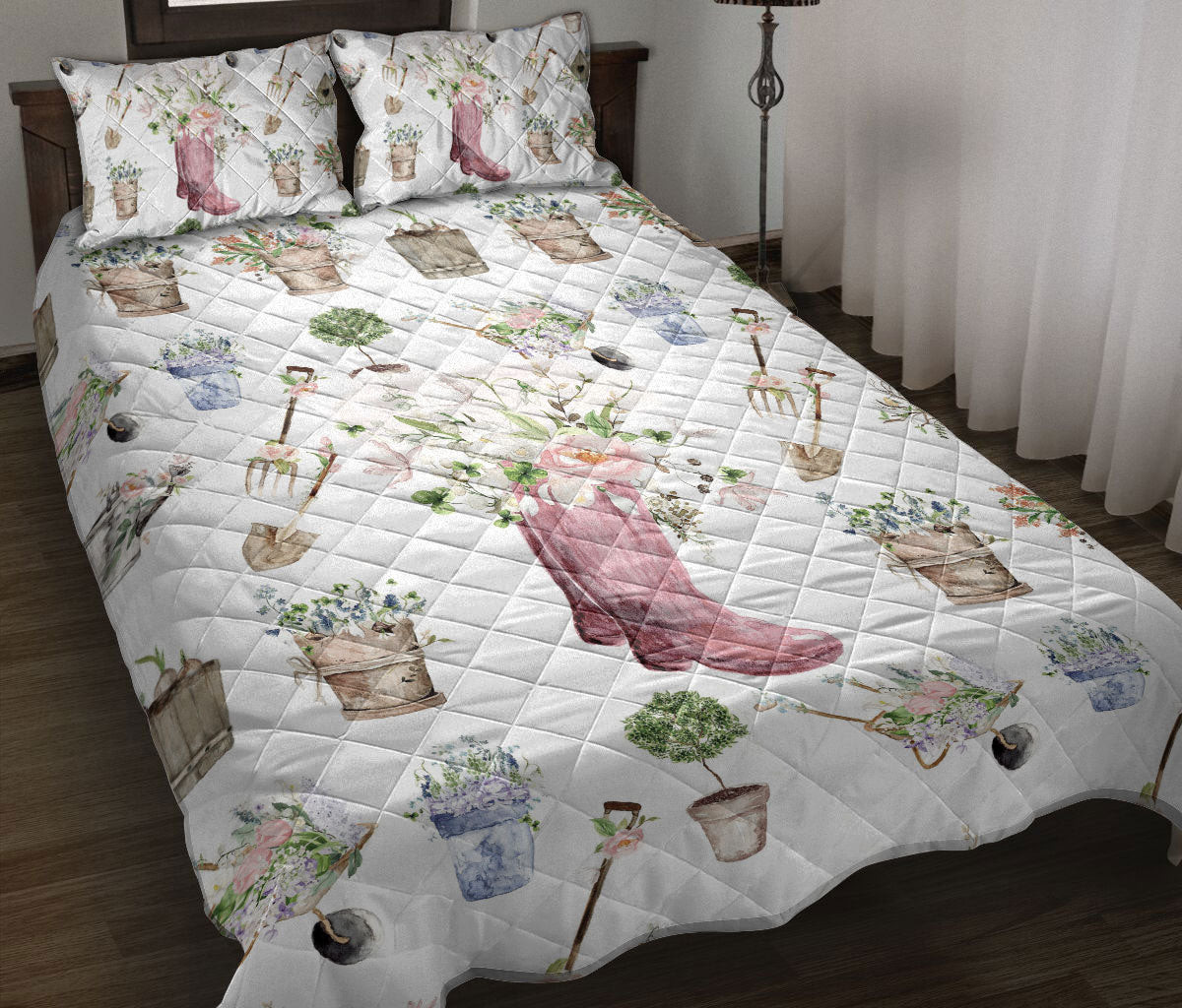Gardening Quilt Bedding Set, Love Gardening Pink Boots Gardening Floral Quilt Blanket With Pillowcases, Duvet Cover Set