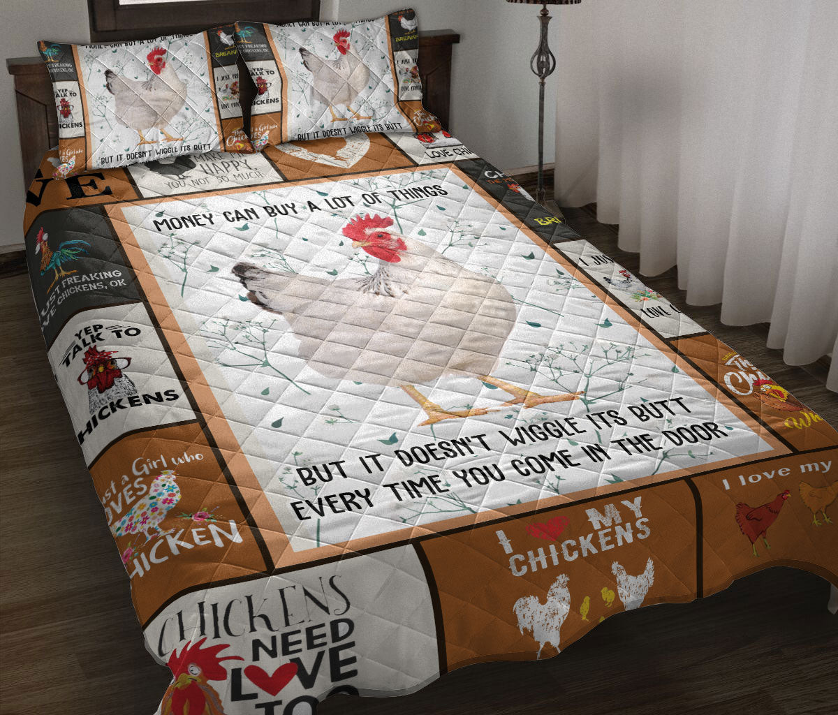 Chicken Quilt Bedding Set, I Love My Chickens Patchwork Farm Quilt Blanket With Pillowcases, Duvet Cover Set