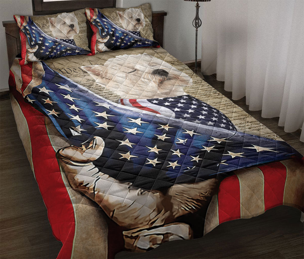West Highland Quilt Bedding Set, Westie West Highland White Terrier Patriotic Dog Us Flag We People Quilt Blanket With Pillowcases, Duvet Cover Set