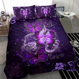 Fibromyalgia Quilt Bedding Set, Raise Fibromyalgia Awareness Butterfly Faith Hope Love Purple Quilt Blanket With Pillowcases, Duvet Cover Set