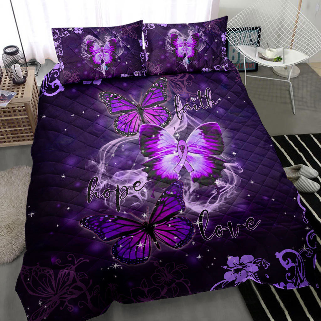 Fibromyalgia Quilt Bedding Set, Raise Fibromyalgia Awareness Butterfly Faith Hope Love Purple Quilt Blanket With Pillowcases, Duvet Cover Set