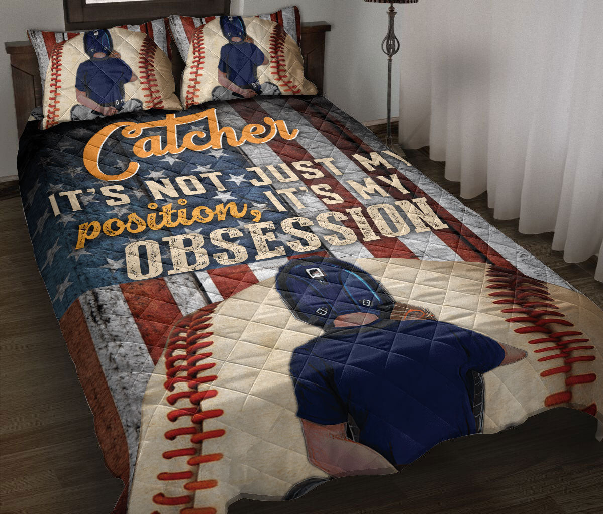 Baseball Quilt Bedding Set, Baseball Player Catcher It'S My Obsession Us Flag Quilt Blanket With Pillowcases, Duvet Cover Set, Sports Gifts