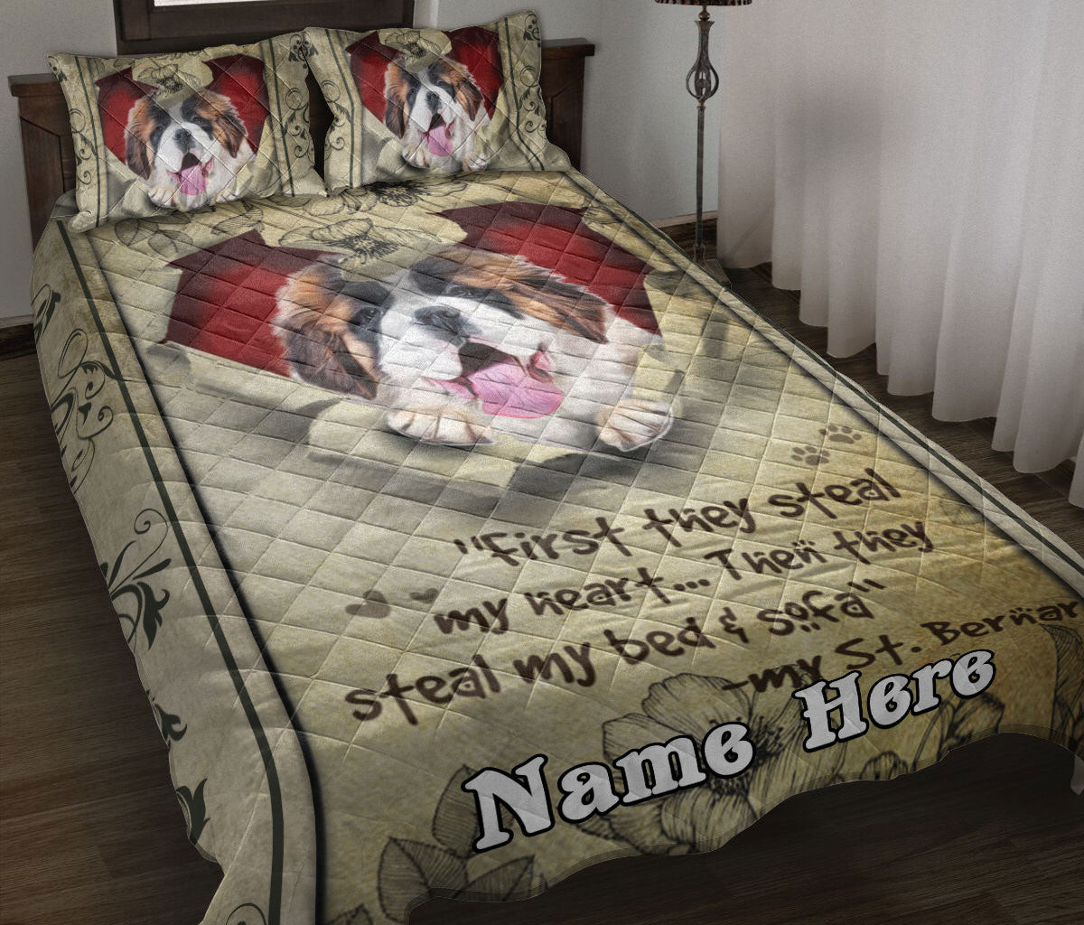 Saint Bernard Quilt Bedding Set, St. Bernard Dog They Steal My Heart Floral Beige Dog Puppy Quilt Blanket With Pillowcases, Duvet Cover Set