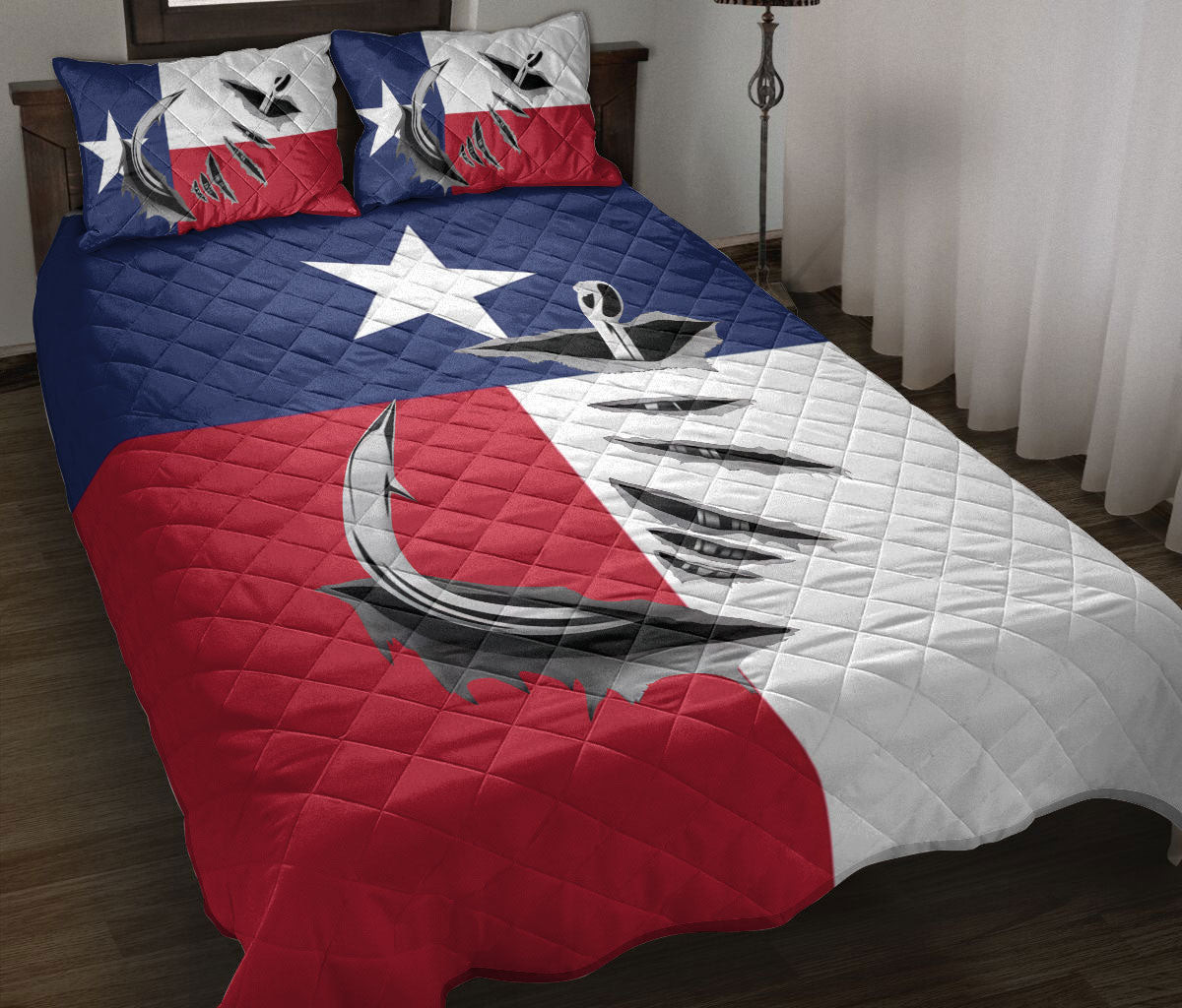 Fishing Quilt Bedding Set, Fishing Hook Big Bass Fish Texas Flag Quilt Blanket With Pillowcases, Duvet Cover Set