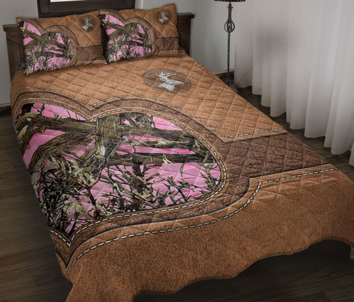 Hunting Quilt Bedding Set, Country Girl Deer Hunting Pink Deer Horn Quilt Blanket With Pillowcases, Duvet Cover Set