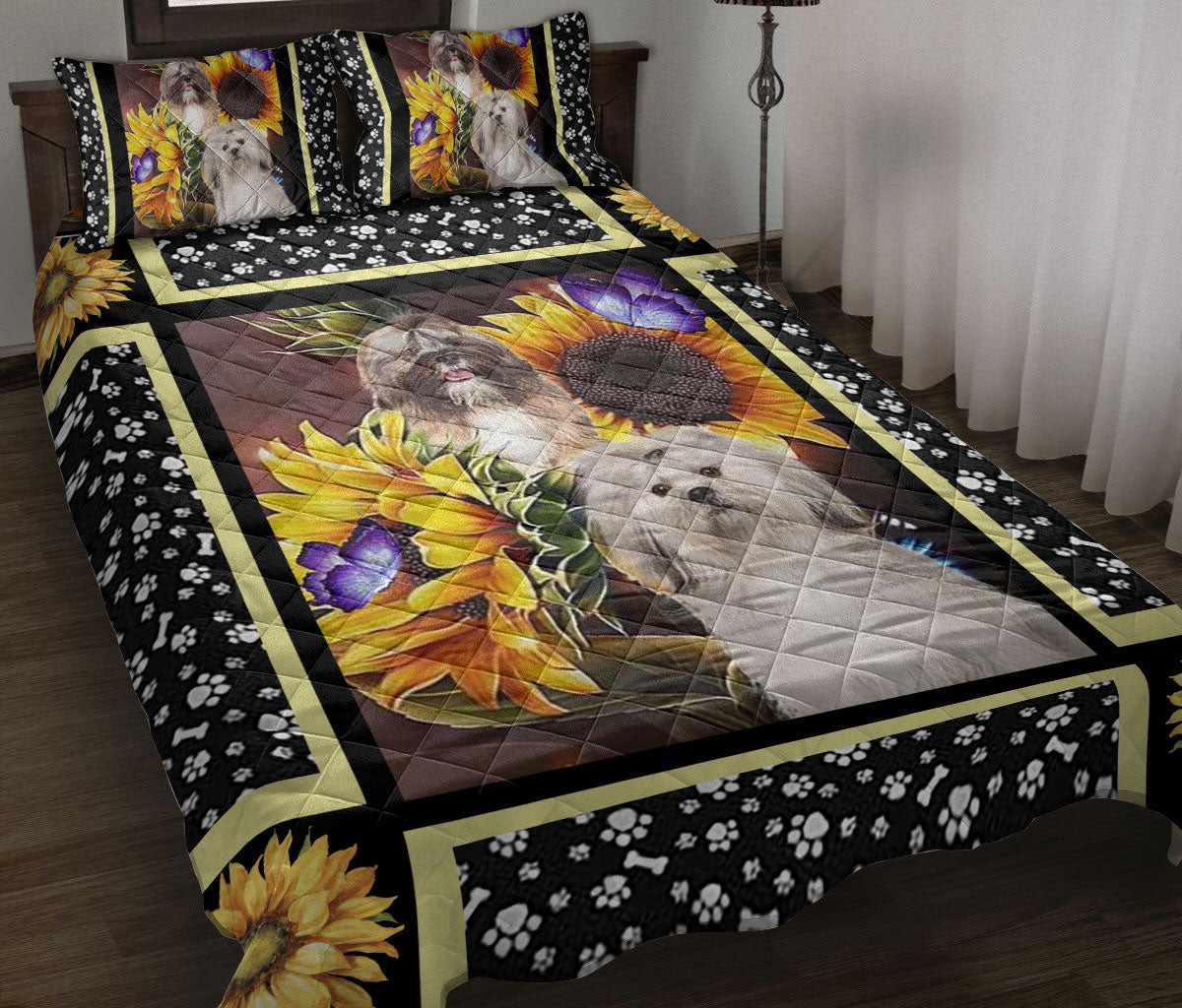 Lhasa Apso Quilt Bedding Set, Lhasa Apso Sunflower You Are My Sunshine Floral Dog Puppy Quilt Blanket With Pillowcases, Duvet Cover Set