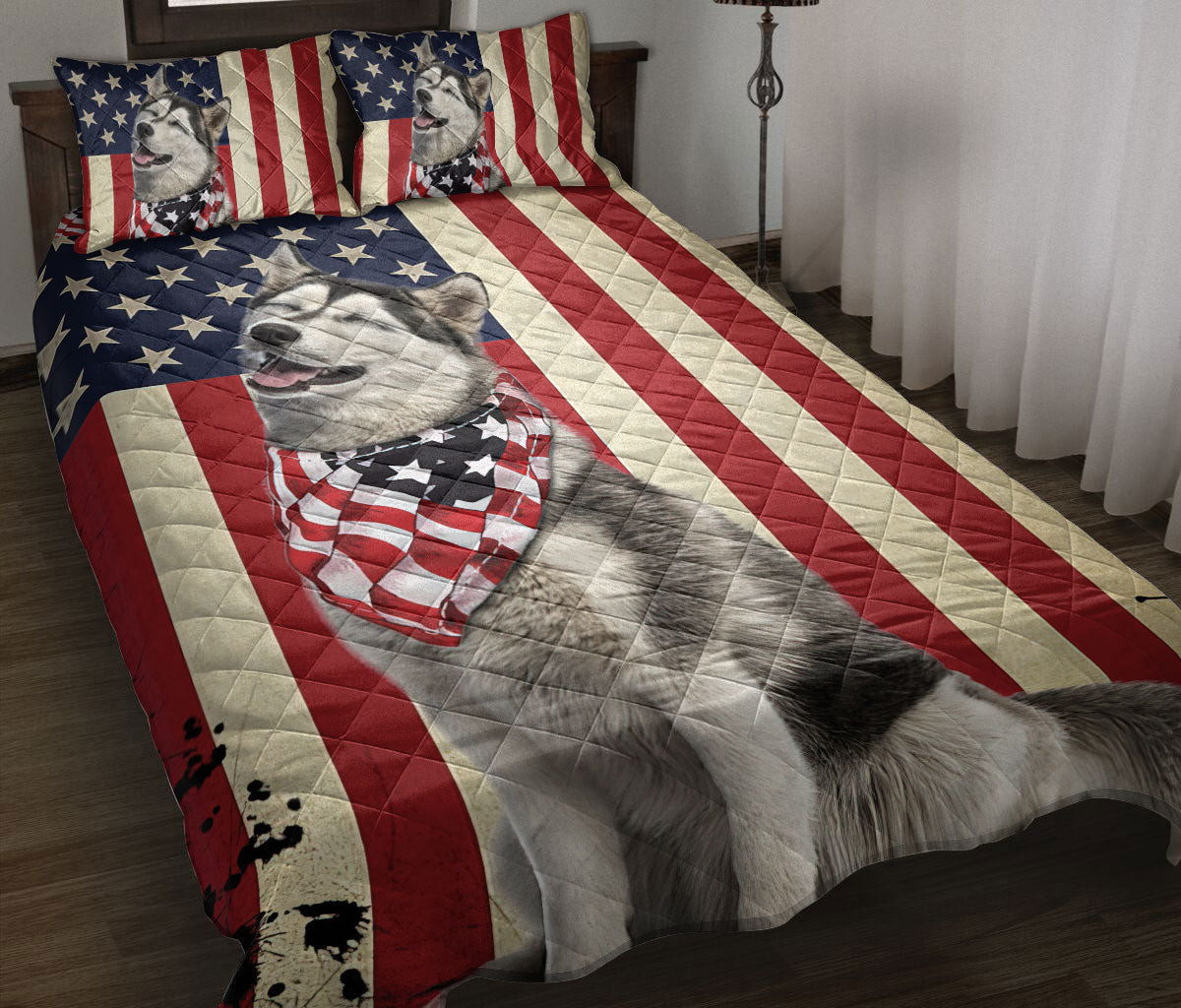 Husky Quilt Bedding Set, Husky American Us Flag Patriotic Dog Puppy Quilt Blanket With Pillowcases, Duvet Cover Set