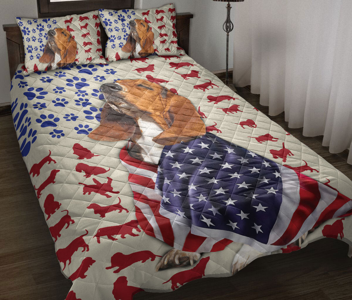 Basset Hound Quilt Bedding Set, Basset Hound Patriotic Us Flag Dog Quilt Blanket With Pillowcases, Duvet Cover Set