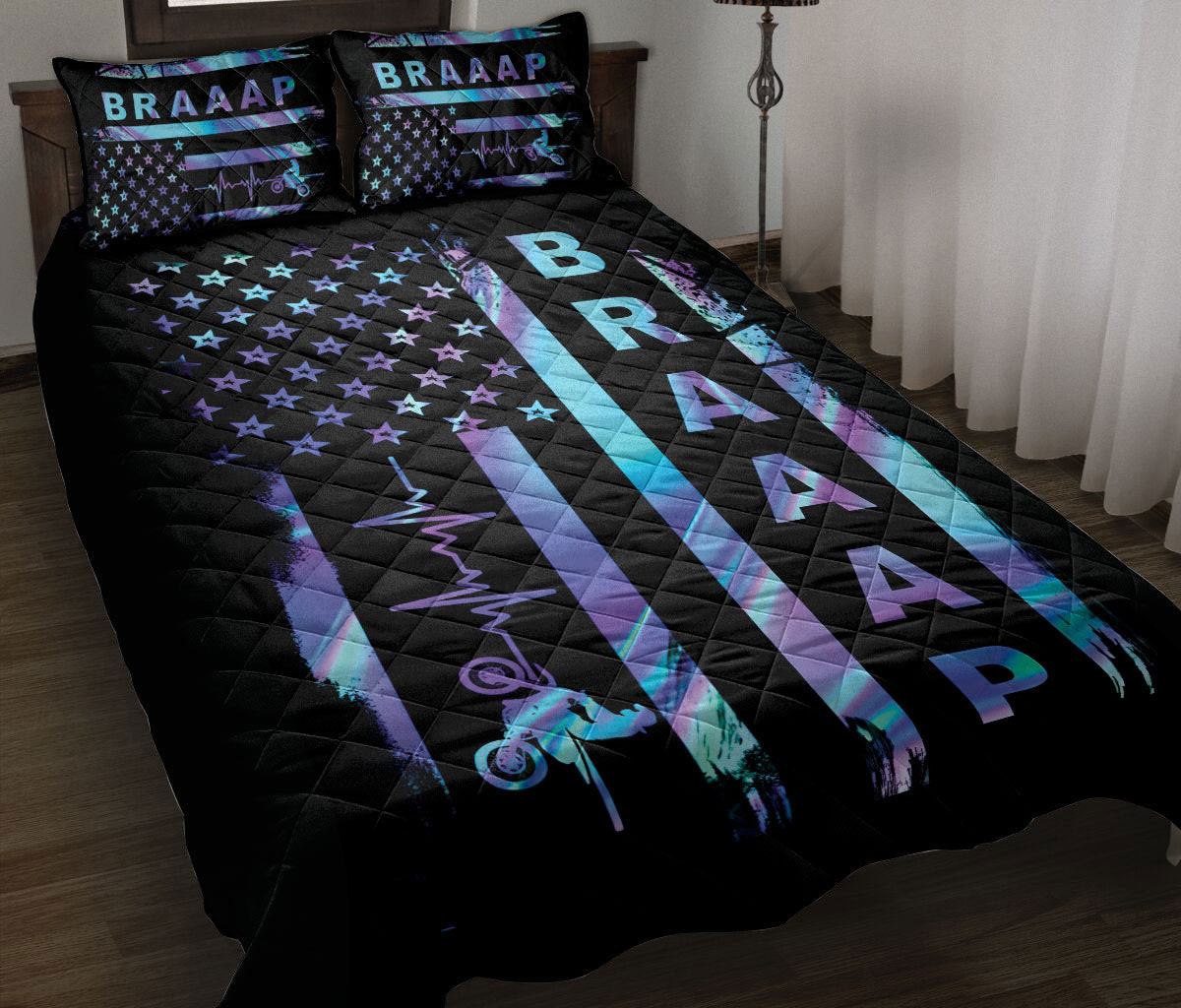 Motocross Quilt Bedding Set, Dirt Bike Motocross Heart Beat Us Us Flag Extreme Style Boys Quilt Blanket With Pillowcases, Duvet Cover Set