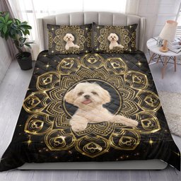 Shih Tzu Quilt Bedding Set, Shih Tzu Shihtzu Dog Paw Print Mandala Black Quilt Blanket With Pillowcases, Duvet Cover Set