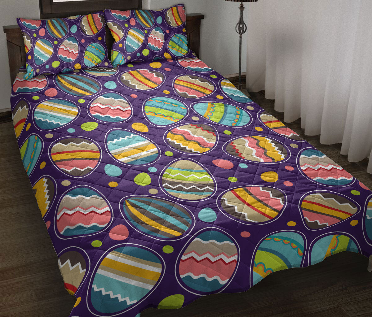 Easter Quilt Bedding Set, Simple Multicolor Sugar Egg Spring Chic Farm Farm Quilt Blanket With Pillowcases, Duvet Cover Set