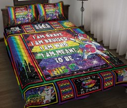 LGBT Quilt Bedding Set, Trippy Lgbt Pride Patchwork Rainbow Unicorn I Am Brave Quilt Blanket With Pillowcases, Duvet Cover Set