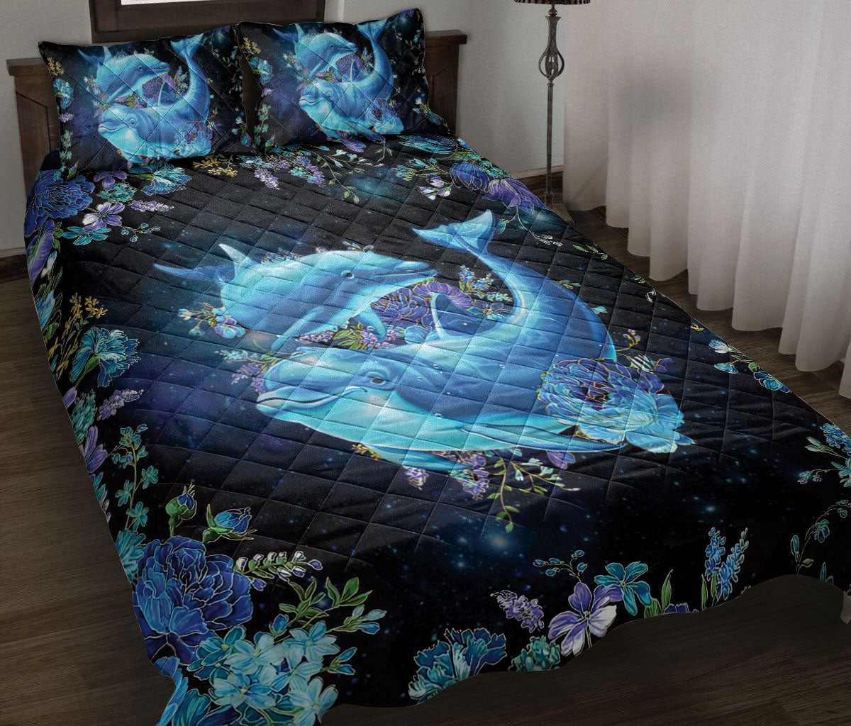 Dolphin Quilt Bedding Set, Dolphin Blue Floral Sea Ocean Quilt Blanket With Pillowcases, Duvet Cover Set