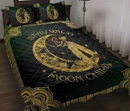 Native American Quilt Bedding Set, Stay Wild Moon Child Mandala Native Feather Yellow Black Hippie Quilt Blanket With Pillowcases, Duvet Cover Set