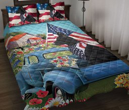 German Shepherd Quilt Bedding Set, Black German Shepherd In Car Patriotic Dog Us Flag Flower Spring Quilt Blanket With Pillowcases, Duvet Cover Set