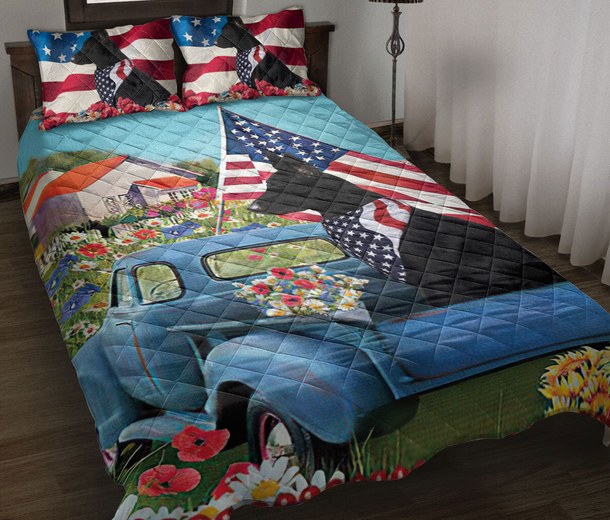 German Shepherd Quilt Bedding Set, Black German Shepherd In Car Patriotic Dog Us Flag Flower Spring Quilt Blanket With Pillowcases, Duvet Cover Set