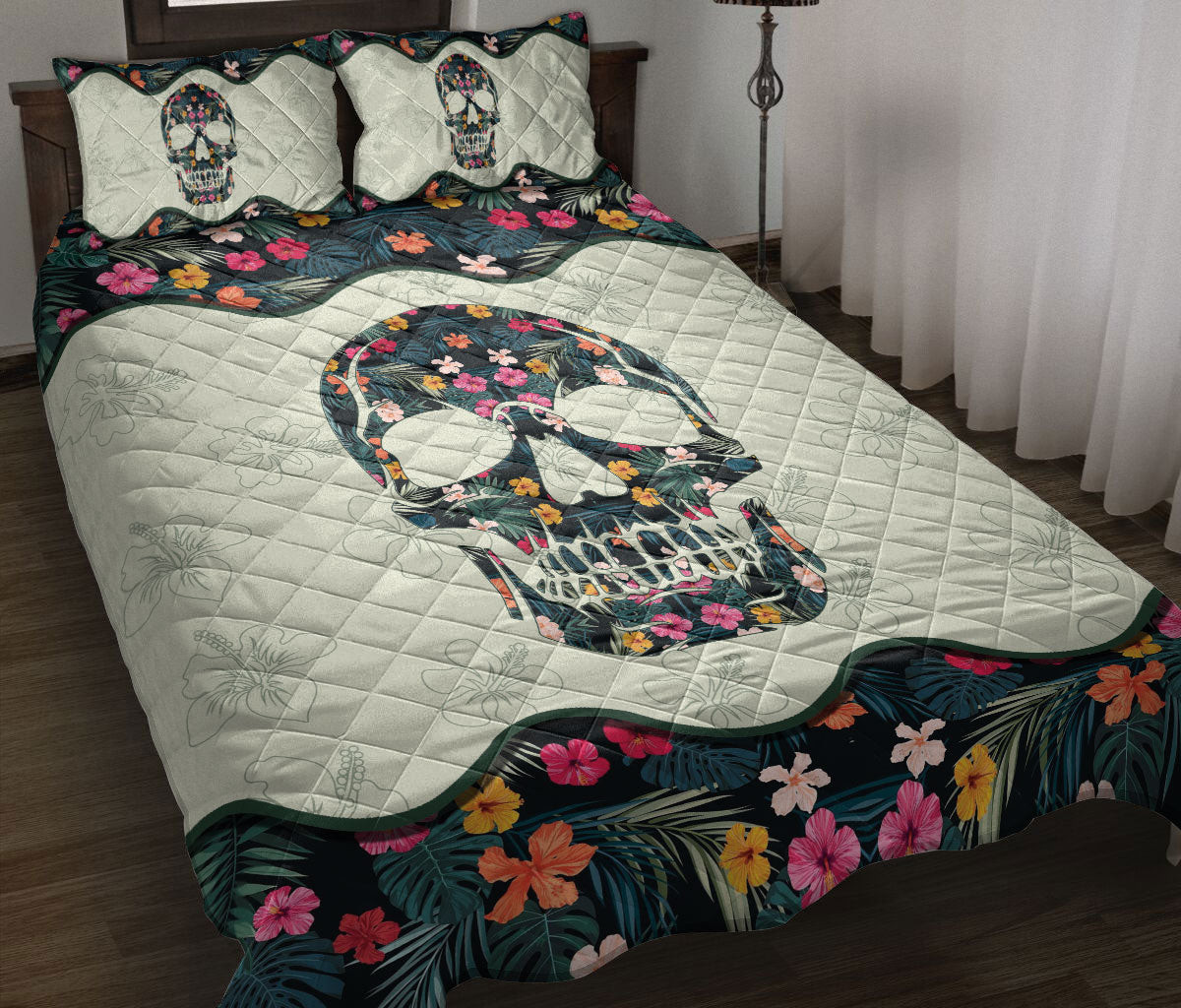 Skull Quilt Bedding Set, Death Skull Mandala Flower Sugar Skull Quilt Blanket With Pillowcases, Duvet Cover Set