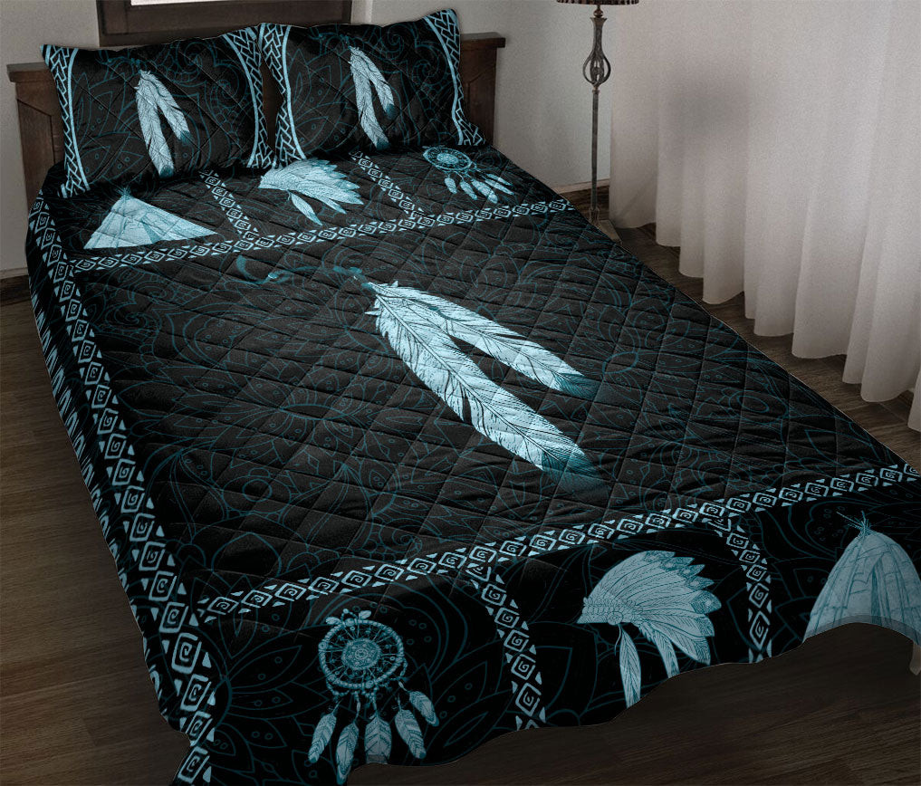 Native American Quilt Bedding Set, Mandala Black Blue Native American Indigeno Us Feather Quilt Blanket With Pillowcases, Duvet Cover Set