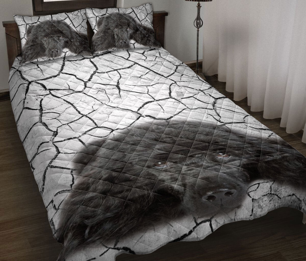 Poodle Quilt Bedding Set, Cute Black Poodle Grey Wall Crack Dog Puppy Quilt Blanket With Pillowcases, Duvet Cover Set