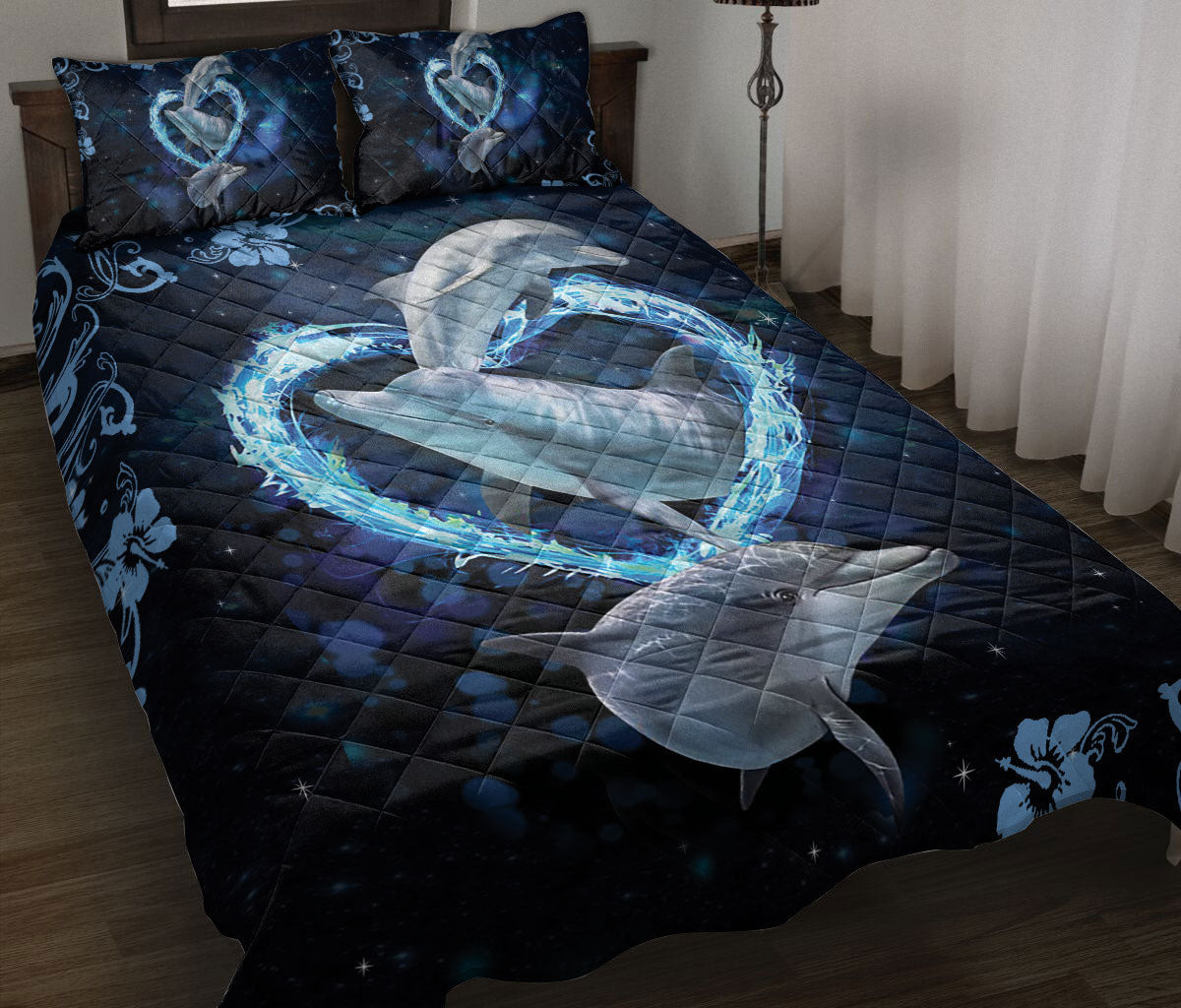 Dolphin Quilt Bedding Set, Dolphin Galaxy Sky Water Heart Sea Quilt Blanket With Pillowcases, Duvet Cover Set