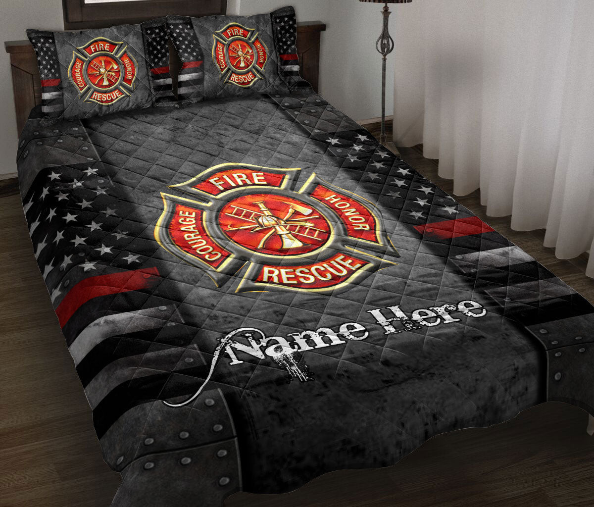 Personalized Firefighter Quilt Bedding Set, Firefighter Thin Red Line American US Flag Quilt Blanket With Pillowcases, Duvet Cover Set