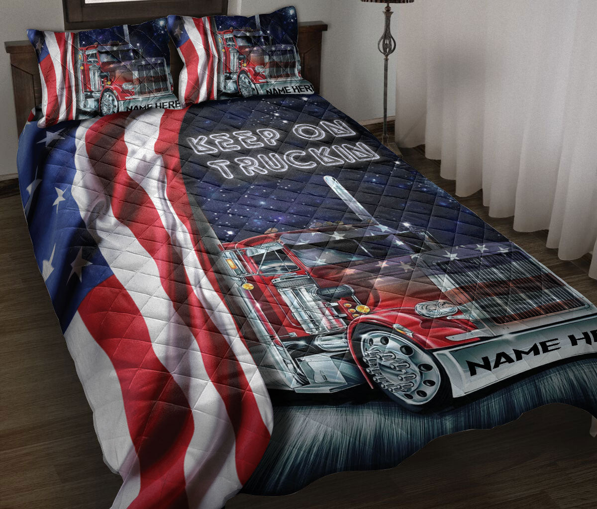 Personalized Trucker Quilt Bedding Set, Keep On Truckin' Trucker Truck Driver Quilt Blanket With Pillowcases, Custom Name Duvet Cover Set