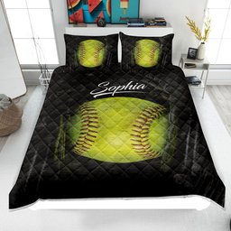 Personalized Softball Quilt Bedding Set, Softball Ball Glove Quilt Blanket & Pillowcases, Custom Name Duvet Cover Set, Gift for Mom, Daughter, Kid